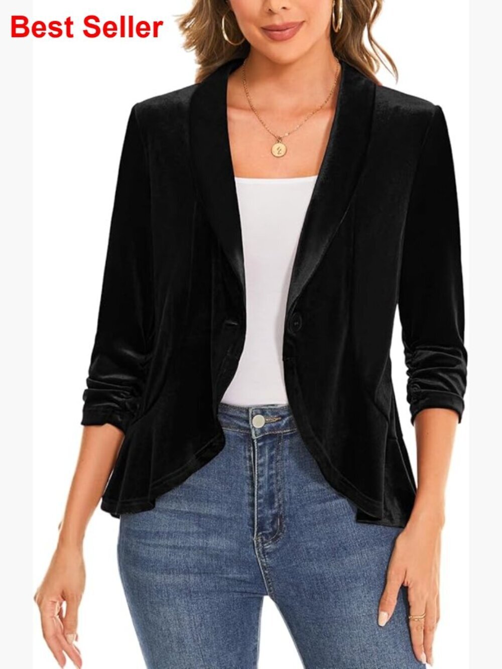 Velvet Blazer with Ruched 3/4 Sleeves Shawl Lapel Button Front